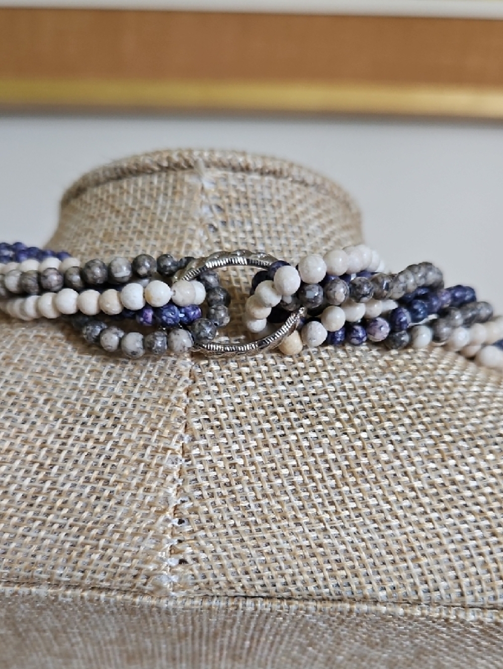 Multistrand Twisted Stone Bead Necklace in Ivory, Gray and Navy - Picture 5 of 5